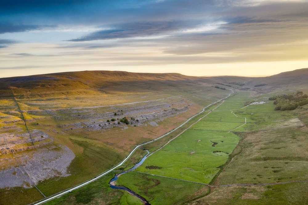 Looking down Kingsdale in the Yorkshire Dales at sunrise with the DJI Mavic 2 Pro drone