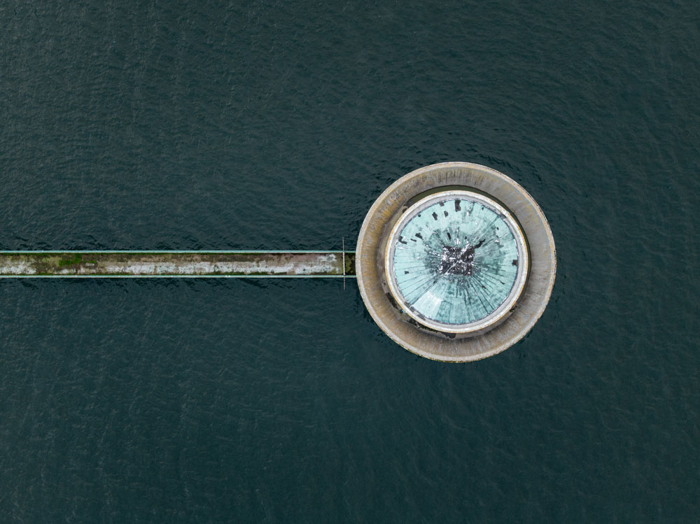 Valve tower at Grafham Water shot from above with a DJI Mavic 2