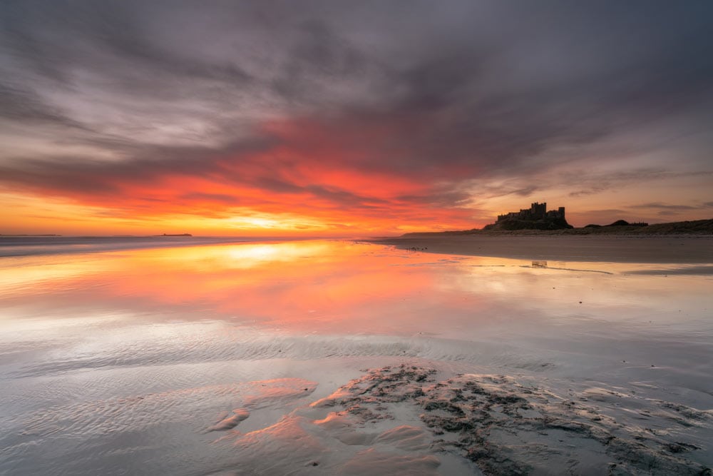 Sunrise on Bamburgh Beach shot with the Sony FE 20mm f/1.8