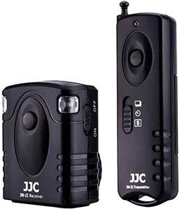 Wireless Remote Shutter Release - Transmitter, Receiver and Shutter Release Cable Set for tigger your camera wirelessly or wired. Replacment for Fujifilm RR-100. 433MHz. 16 channels, MAX. control distance up to 98'/30 meters, fits different cameras by replacing JJC shutter release cables. Prevent camera shaking for super telephoto shots, macrophotography, and bulb exposures. Shutter at five modes: single shot, 5 seconds delay shot, 3 continuous shots, unlimited continuous shots and bulb shot. (Please see the instructions for detailed operation)
