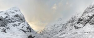 Snow covered Glencoe Pass in winter