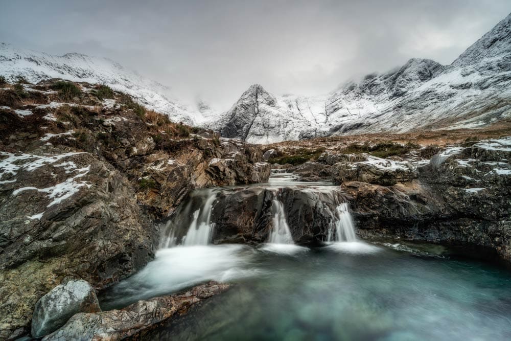 Long exposure of the Fairy Pools on the Isle of Skye in Scotland in winter
